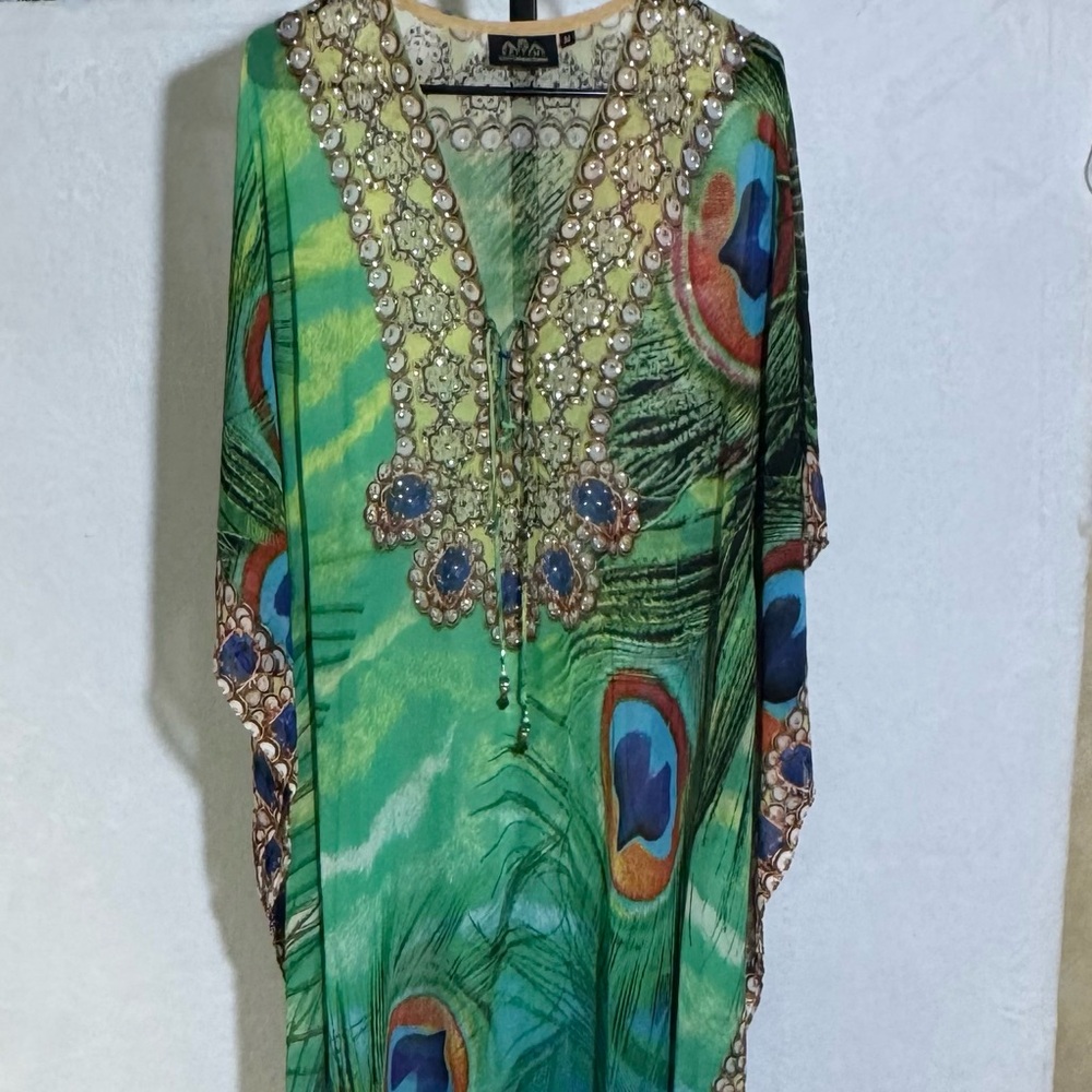 ASA Kaftans Stunning Embellished Green Peacock-Print Medium Women's Dress
